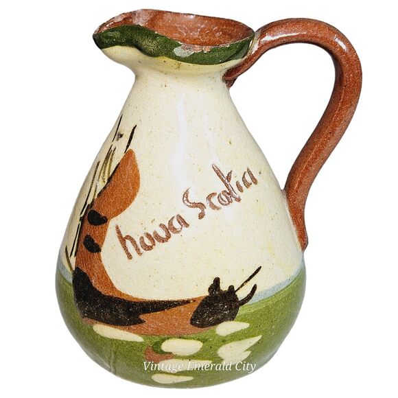 Torquay Devon Motto Creamer Mini Pitcher & Wooden Stand Set Red Pottery England - Picture 13 of 16